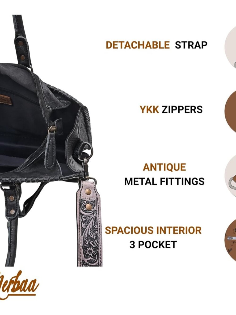 Women Natural Cowhide Leather Hand Bag With Adjustable Detachable Strap | Leathe - Picture 5 of 6